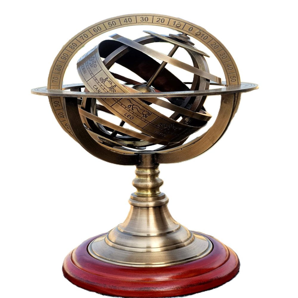 Decorative Brass Armillary Sphere, Antique Style Globe with Zodiac Details, 360-Degree Base, Wooden Stand