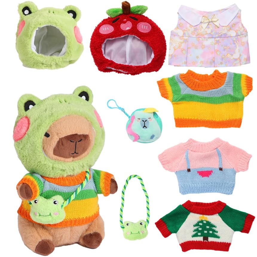 Acgtrick Kawaii Capybara Plush with 9 pcs Clothes & Accessories, 10.2 in Capybara Plushie with Outfits Capybara Stuffed Animal Plush Toys for Kids Boys Girls