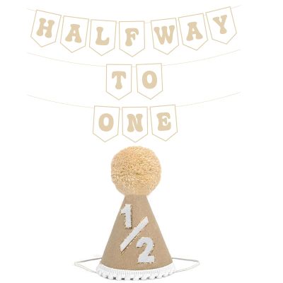 6 Months Birthday Decorations, Beige Half 1/2 Birthday Decorations With Half Way To One Banner And 1/2 Bir-thday Hat For Six Months Ha-Lf Year BD Decor-ations Boy Girls
