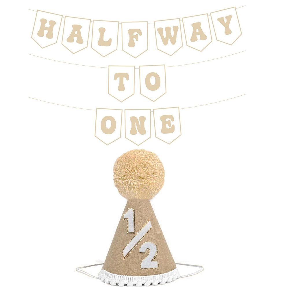 6 Months Birthday Decorations, Beige Half 1/2 Birthday Decorations With Half Way To One Banner And 1/2 Bir-thday Hat For Six Months Ha-Lf Year BD Decor-ations Boy Girls