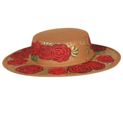 Artisanal Hat - Suede - Red Roses - Camel