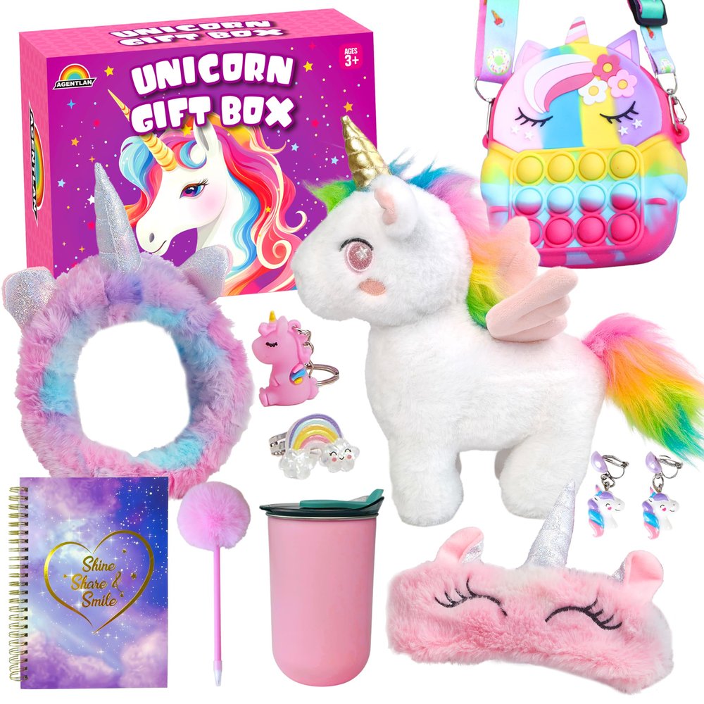 AGENTLAN Unicorn Gifts for Girls with Stuffed Animals, Kids Unicorn Toys with Plush Pet & Diary & Water Bottle, Birthday Gifts for Girl Ages 3 4 5 6 7 8 Years Old.
