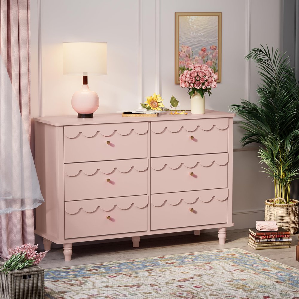 Anbuy Pink Scalloped Nursery Chests and Nursery Chests and Dresser for Kids Bedroom Wood 6 Drawer Dresser, Dressers & Chests of Drawers with Metal Handles for Bedroom, Nursery, Hallway