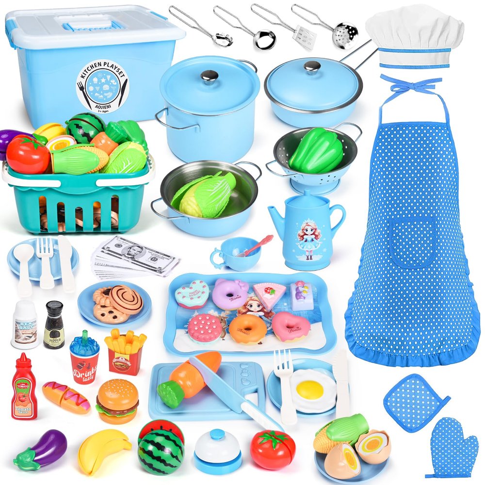 105Pcs Kids Kitchen Playset, Play Kitchen Accessories, Pretend Play Food Tea Party Set, Toy Kitchen Kids Cooking Real with ApronChef Hat, Utensils Cookware, Toy Organizer, Birthday Gift for Toddler