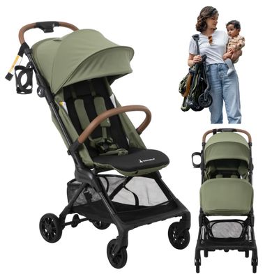BabbleRoo Hoplite Compact Stroller  Lightweight Travel Stroller for Airplane (12.3 lbs), from Birth to 55 lbs, Easy Fold, PU Wheels, Alloy Frame, Near-Flat Recline, Cup Holder, Baby Stroller