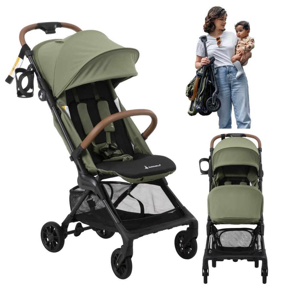 BabbleRoo Hoplite Compact Stroller  Lightweight Travel Stroller for Airplane (12.3 lbs), from Birth to 55 lbs, Easy Fold, PU Wheels, Alloy Frame, Near-Flat Recline, Cup Holder, Baby Stroller