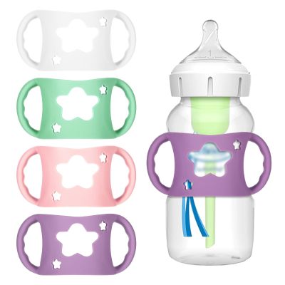 4 PCS Handles for Dr Brown Bottles,Durable Food-Grade Silicone Material Baby Bottle Holder,Cute Star Shape Design,Allows Baby to Hold The Bottle Themselves Easily(Green,Purple,Pink,White)