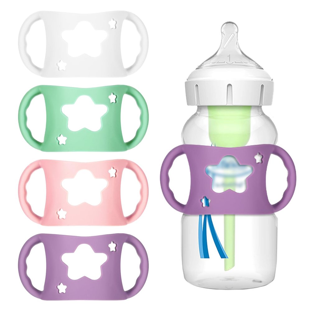 4 PCS Handles for Dr Brown Bottles,Durable Food-Grade Silicone Material Baby Bottle Holder,Cute Star Shape Design,Allows Baby to Hold The Bottle Themselves Easily(Green,Purple,Pink,White)