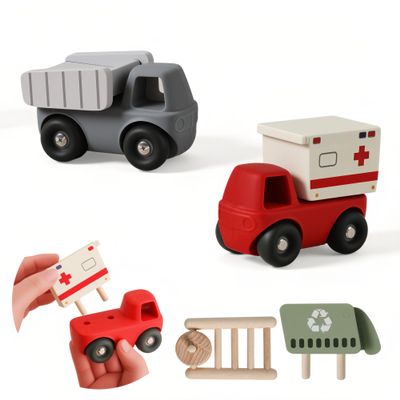6 PCS Vehicle Toy Set,Classic Rescue and Construction Car Toys Including 2 Silicone Bodies & 4 Wooden Carriages (Ambulance,Fire Ladder Truck,Dump Truck,Garbage Truck) - Mix & Match Design for Toddlers