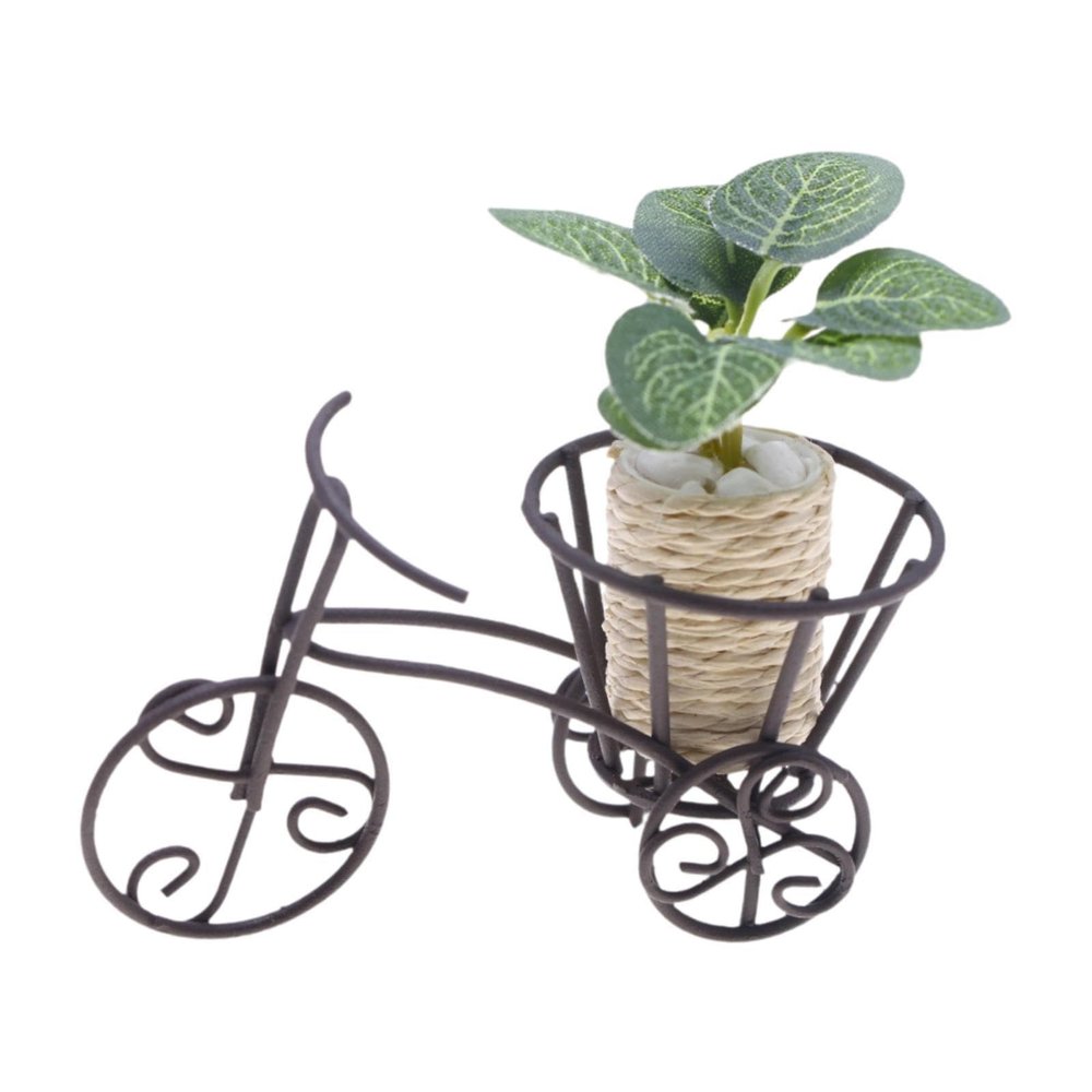 1:12 Scale Miniature Dollhouse Potted Plant with Metal Tricycle Stand, Artificial Greenery Decor