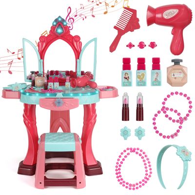 Kids Vanity Set with Mirror, Lights & Music Princess Makeup Vanity Table & Stool with Hair Dryer & Accessories, Pretend Play Beauty Salon Toy for Girls Ages 36 Birthday Gift (Blue)