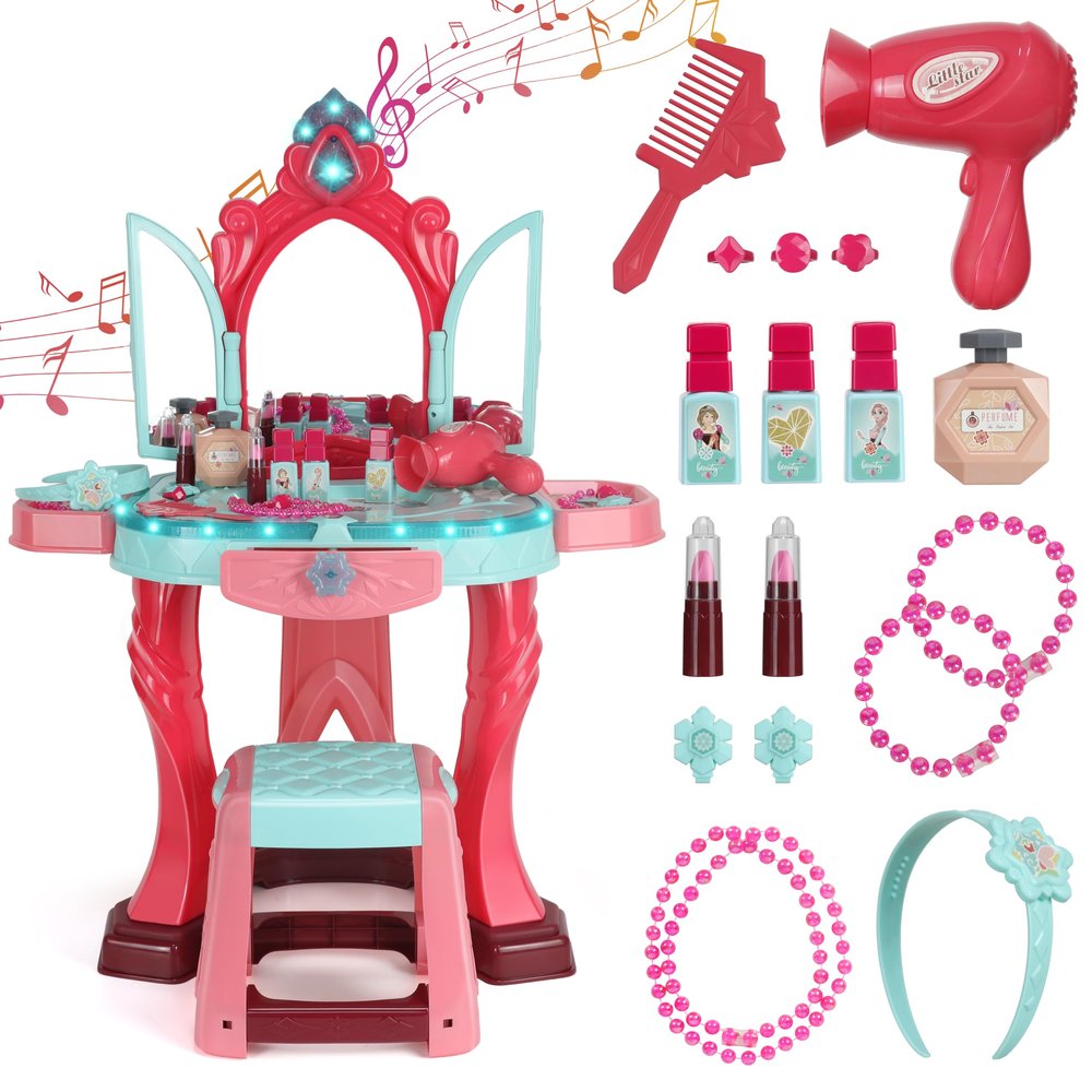 Kids Vanity Set with Mirror, Lights & Music  Princess Makeup Vanity Table & Stool with Hair Dryer & Accessories, Pretend Play Beauty Salon Toy for Girls Ages 36 Birthday Gift (Blue)