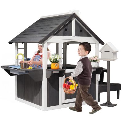 JOYMOR Kids Wooden Playhouse for Outdoor, Cottage with Sink, Picnic Table, Mailbox, Flowerpot Holders, Age 3-8 (Gray&White)