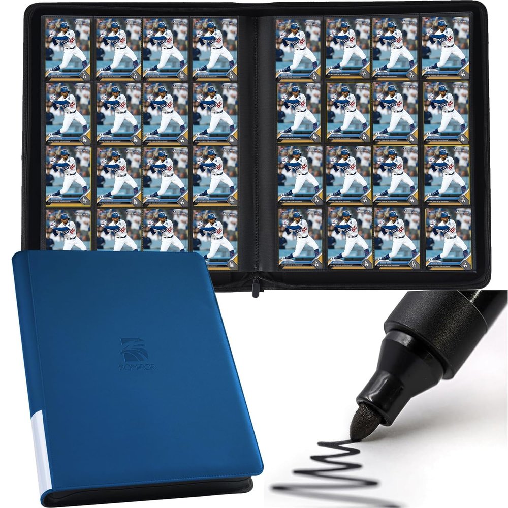 16 Pocket Trading Card Binder,Zipper Card Holder Album Holds up to 1408 Cards with 44 Sleeves, Label DesignCard Collection Binder for TCG Card/Game Cards/Sports Card -Blue
