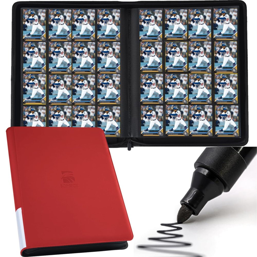 16 Pocket Trading Card Binder,Zipper Card Holder Album Holds up to 1408 Cards with 44 Sleeves, Label DesignCard Collection Binder for TCG Card/Game Cards/Sports Card -Red