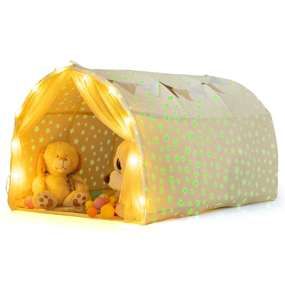 INFANS Kids Bed Tent with Glow in The Dark, Portable Children Playhouse Privacy Space Twin with Mat Star Light Double Net Curtain, Indoor Outdoor Princess Tents Castle for Boys Girls