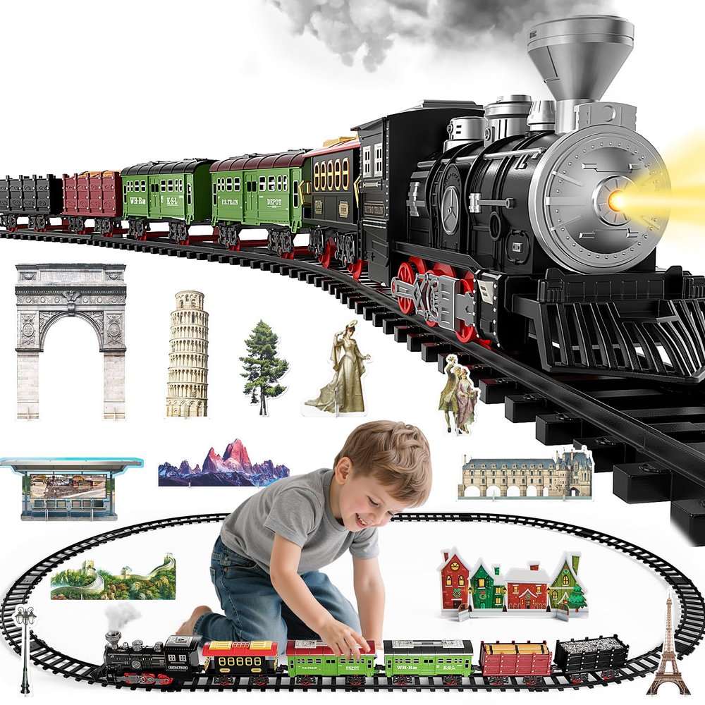 NIPLOOOW Large Train Set for Kids 4-8, Electric Train Toy with Realistic Sound, Lights and Smoke for Under Christmas Tree,Toddler Model Trains for 3 4 5 6 7 8 9 10 11 12 Years Old Kids Toys Gifts