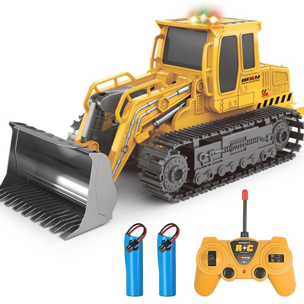 Jiakora Remote Control Front Loader - Metal Shovel, LED Working Lights, Music & 2 Rechargeable Batteries, Construction Toys for Boys Age 4 5 6 7 8 Birthday Gift