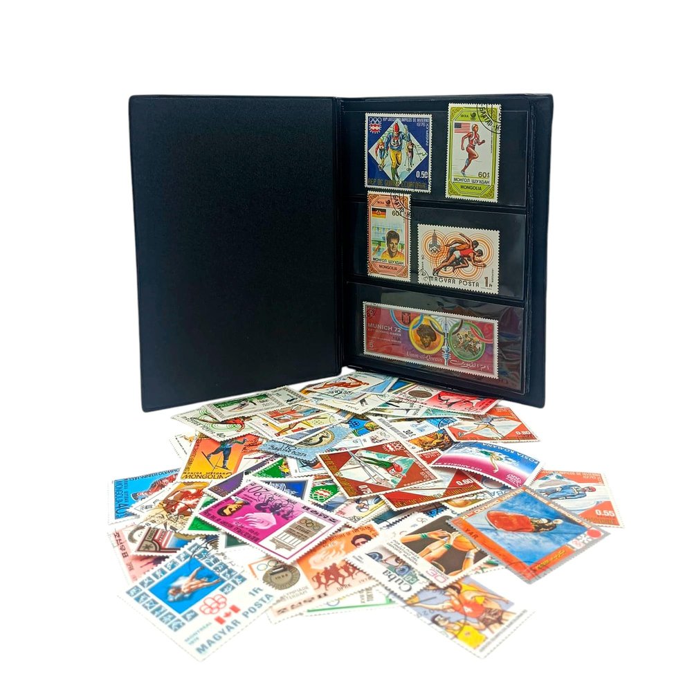 IMPACTO COLECCIONABLES  100 Olympic Games-Themed Stamps Collection with Included Album (5.5 x 7 x 0.4 in) | Enhance your philatelic collection with postmarked stamps in a compact and elegant album