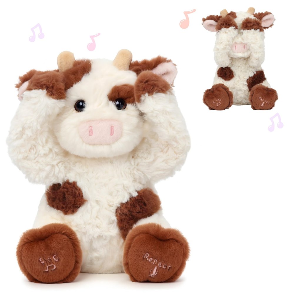 Hopearl Peek A Boo Cow Interactive Repeats What You Say Plush Diary Cattle Toy Musical Singing Talking Stuffed Animal Adorable Electric Animate Gift for Toddlers, Brown, 11''