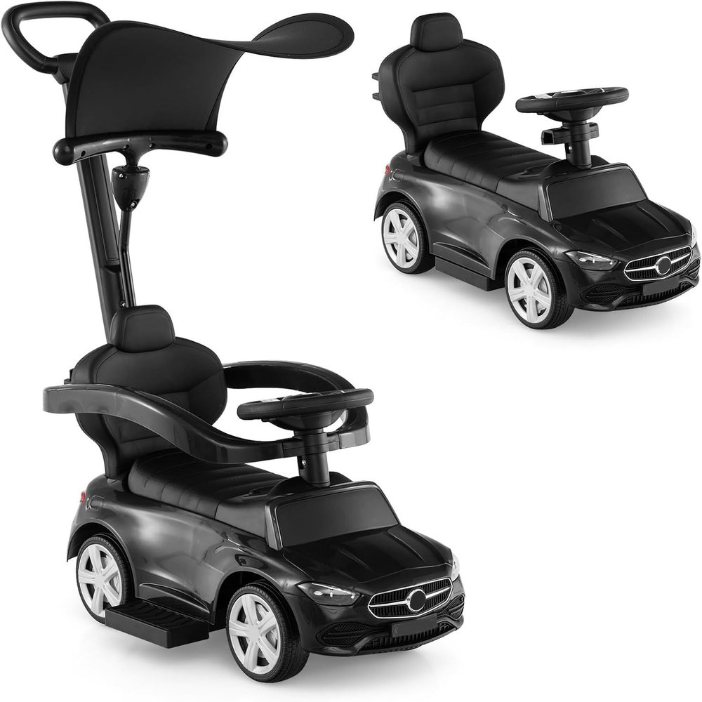 Licensed Mercedes Benz Push Car for Toddlers by INFANS, 3 in 1 Sliding Walking Car with Push Handle, Horn, Music, Underneath Storage, Foot-to-Floor Ride on Toys for Boys Girls, Black