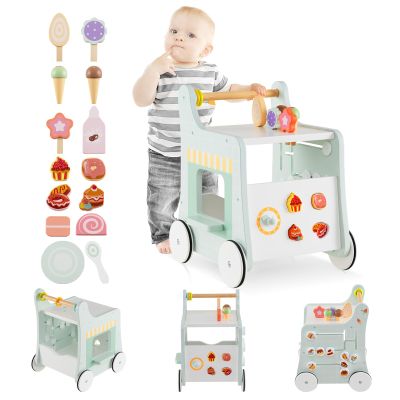 INFANS Wooden Baby Walker, Montessori Walker with Multiple Activity Toys, Storage, Push Walker Toys for Infant Learning to Walk, Sit to Stand Walker for Boys Girls (Green)