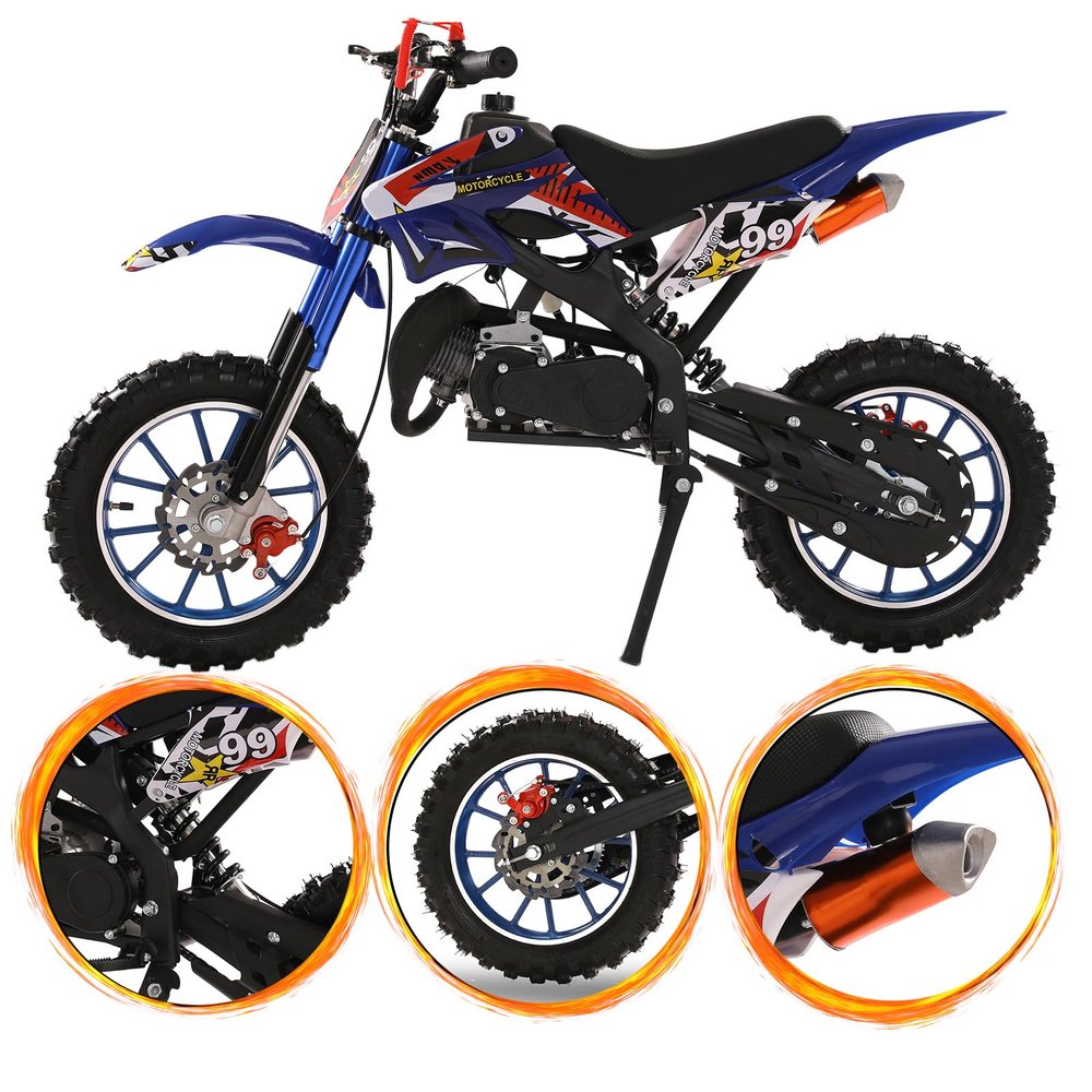 feneihe 50cc Kids Dirt Bike, 2-Stroke Gas Dirt Bike, Gas Bike for Kids 8-14, Gas Power Pocket Rocket Bike,Gas Motorcycle with Front Rear Disc Brakes, Off Road Motorcycle Max Load 330Lbs Blue