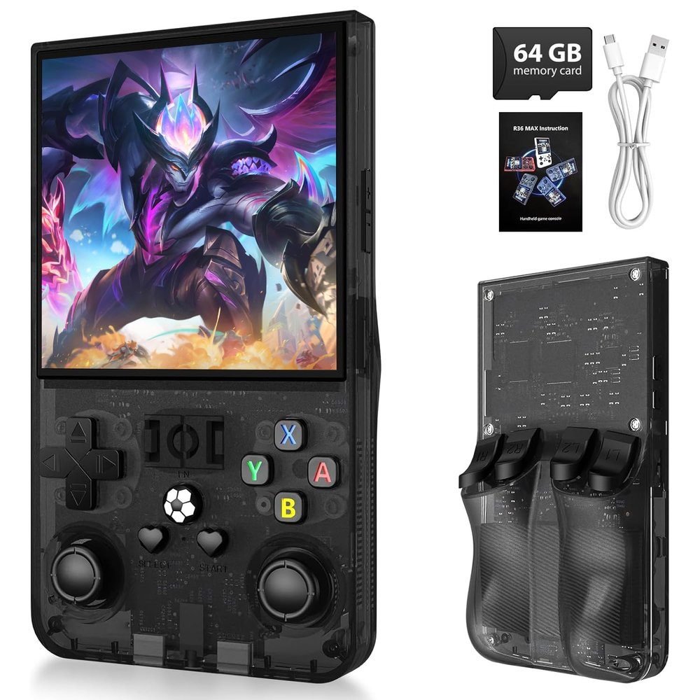 PixelKing 2025 New Upgrade R36MAX Retro Handheld Game Console with 64G Built-in 18000+ Classic Games,Emulator Handheld,4.0" IPS Screen Retro Gaming Console, Rechargeable Portable Pocket Arcade(Black)