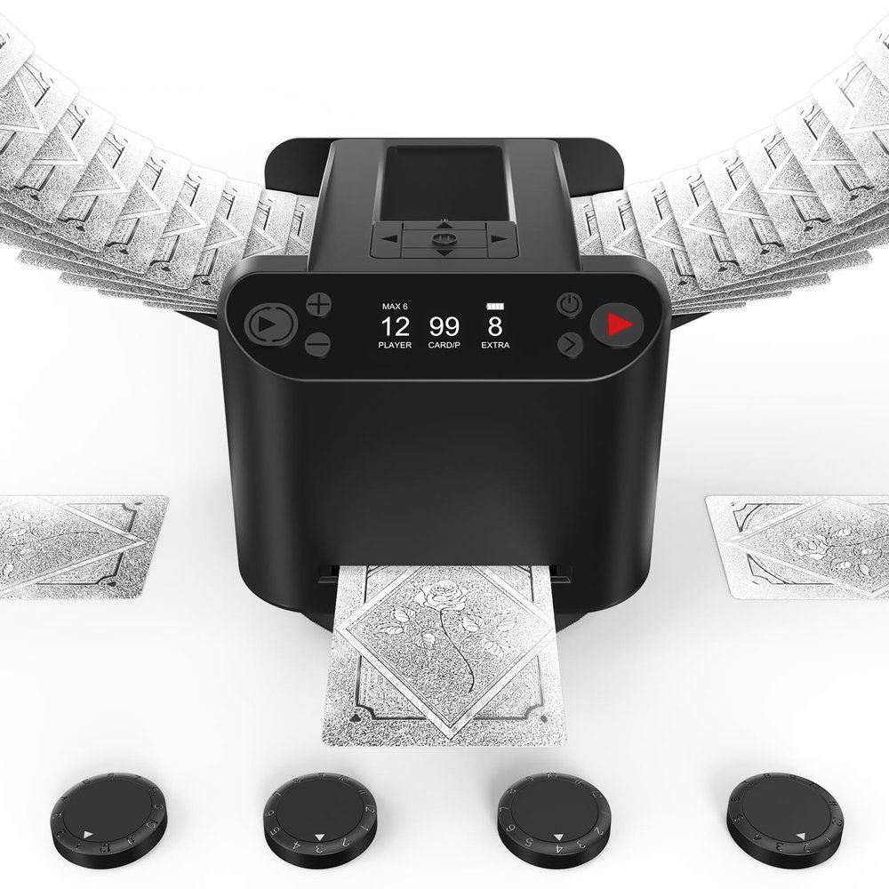 2026 New Automatic Card Shuffler and Dealer,3-in-1 Card Shuffler Machine with 4 Drawing Remotes,1-2 Decks Support 12 Players,360/180 Deal, Rechargeable,for Poker,UNO,Phase 10,Skip-Bo,Texas Hold'em
