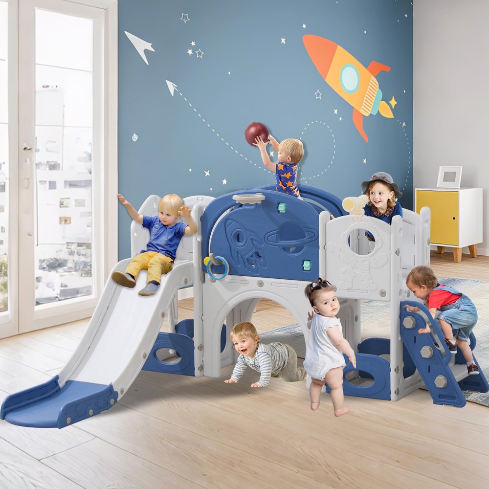 12 in 1 Toddler Slide, Astronaut Themed for Baby Slide Toddlers Aged 3+, with Astronaut,Telescope, Basketball Hoop and Ring Toss, Toddler Playset Blue Gray Combo