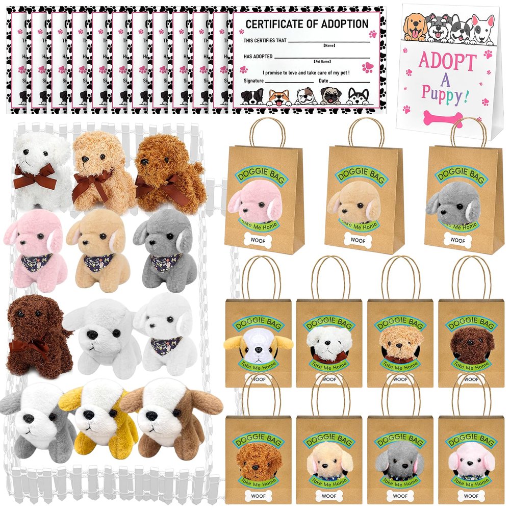38 Pcs Adopt a Puppy Party Favors Include 12 Pcs Mini Stuffed Dogs 12 Pcs Kraft Paper Gift Bags 12 Pcs Adopt Cards 1 Adopt Sign 1 Fence for Adopt a Dog Party Favor Supplies Pet Birthday Gifts