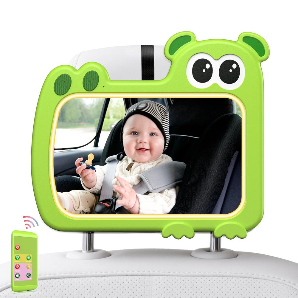 2-in-1 Baby Car Mirror with Lights & Soft Sounds, Cry Detector, Clear Night View, 360 Rotation, Shatterproof, Rear Facing Baby Car Seat Mirror with Remote Control, Perfect Baby Shower Gifts (Green)