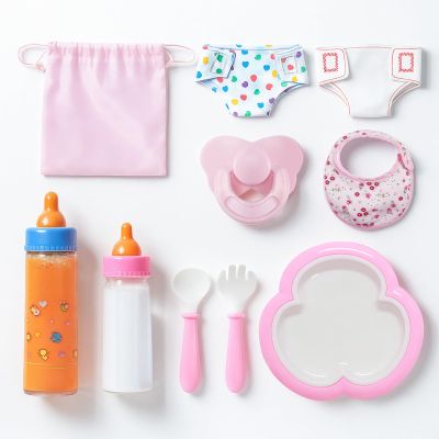 SCOM Reborn Baby Doll Accessories - 10 Pcs Feeding Set, Magic Disappearing Bottle with Milk & Juice, Pretend Play Toy with Alive Diaper & Magnetic Pacifier & Bib & Tableware, for Toddler Kid Gift Pink
