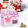 GLACER Kids Kitchen Playset, Pink Strawberry Theme Play Cooking Set with Cookware, Realistic Sound, Storage Cabinet, Stove, Faucet, Wooden Pretend Play Kitchen for Toddlers view 4