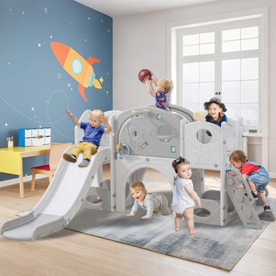 12 in 1 Toddler Slide, Astronaut Themed for Baby Slide Toddlers Aged 3+, with Astronaut,Telescope, Basketball Hoop and Ring Toss, Toddler Playset Gray Combo
