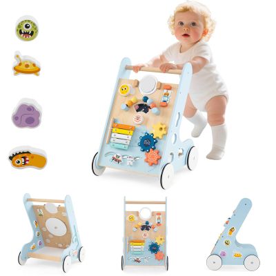 INFANS Wooden Baby Walker, Montessori Walker with Multiple Activity Toys, Storage, Push Walker Toys for Infant Learning to Walk, Sit to Stand Walker for Boys Girls (Light Blue)