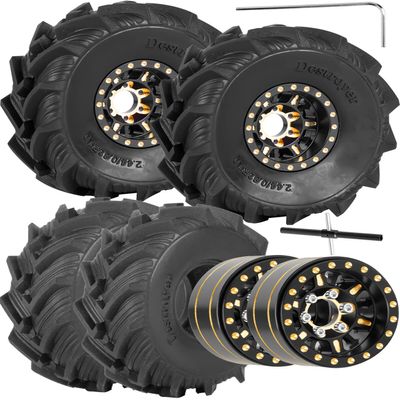 hopsupRC RC Full Brass 1.0in Beadlock RC Wheel RC Tires for 1/18 1/24 Trx4m Axial SCX24 RC Crawler, 1.0RC Metal Wheel Hub Rim RC Truck Tires 4pcs