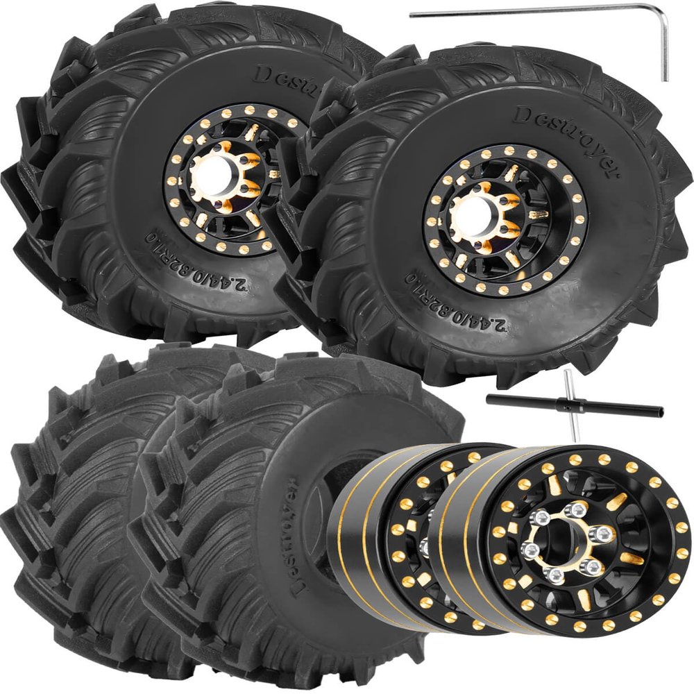 hopsupRC RC Full Brass 1.0in Beadlock RC Wheel RC Tires for 1/18 1/24 Trx4m Axial SCX24 RC Crawler, 1.0RC Metal Wheel Hub Rim RC Truck Tires 4pcs
