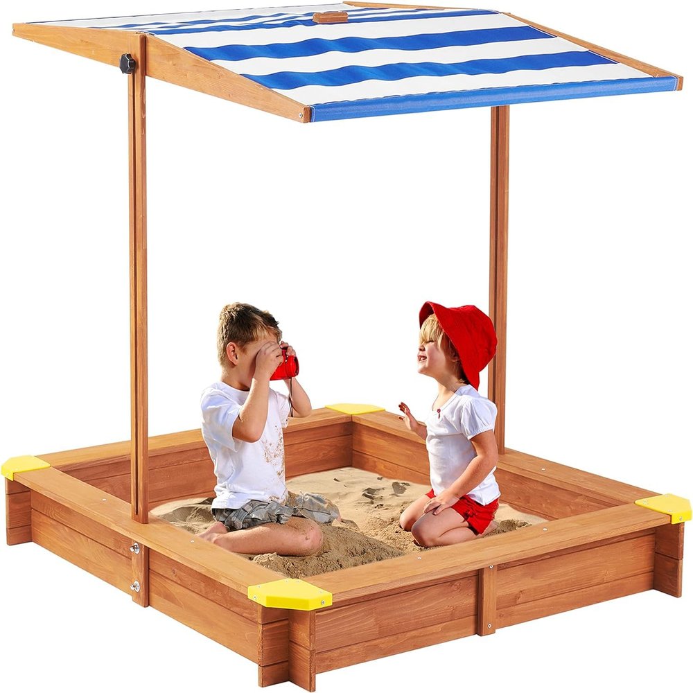 CIATRE 46" Large Wooden Sandbox with Adjustable Canopy | Outdoor Cedar Sandpit for Kids | UV-Resistant Cover & Drainage Design | Backyard Play Station