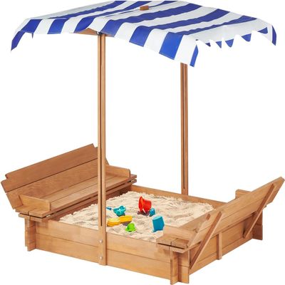 46" Wooden Sandbox with Adjustable Canopy & Foldable Benches | Outdoor Sandpit Playset for Kids | UV-Resistant Cover + Fabric Liner Included