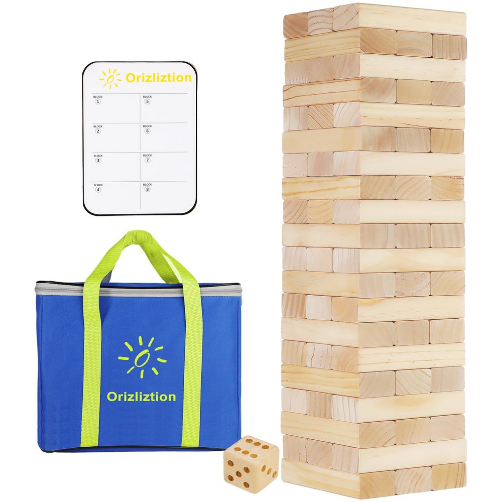 Orizliztion Tumbling Tower Game,Outdoor Games for Adults & Families, 4.3 FT 60 PCS Premiun Wooden Blocks Stacking Games with Carry Bag Stacking Toys for Backyard, Lawn, Party, Camping