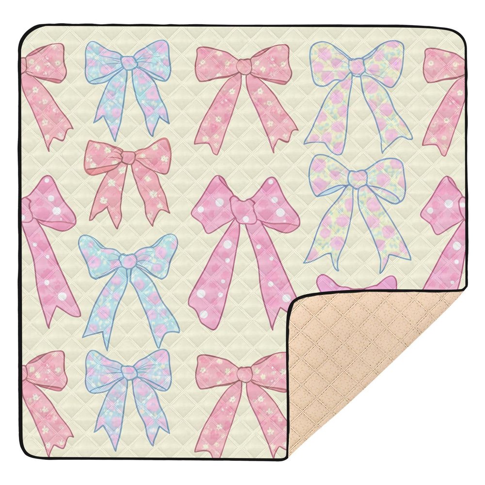 Flradish Pastel Colors Bows Baby Play Mat, Waterproof & Non-Slip Playpen Mat 50" X 50" Soft Foldable Crawling Mat Playing for Infants and Toddlers