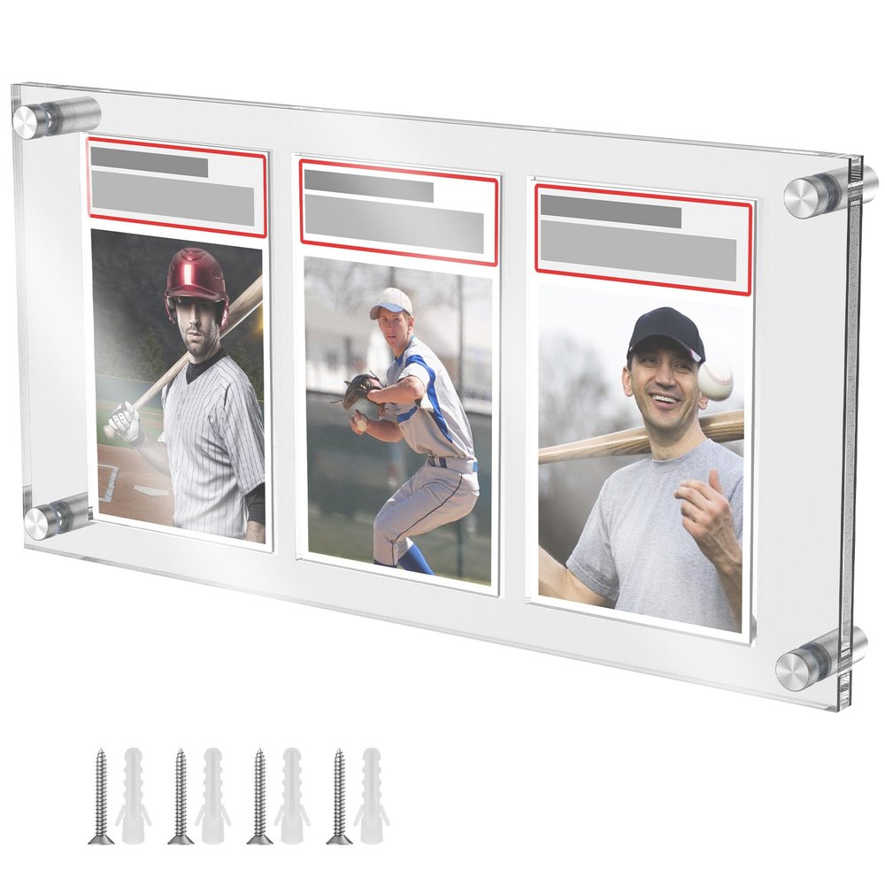 16" Acrylic 3-Card Display Frame Wall Mounted, For Trading Cards, PSA Graded Cards, Sports Cards, Baseball Cards, Mini Pictures, Photos, and Stickers (within 5.4"x3.3")  Ideal for Home, Office, Gifts