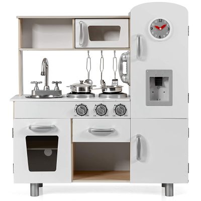 GLACER Wooden Play Kitchen Set, Pretend Cooking Play Toy with Water Dispenser, Freezer, Sink, Storage Cabinet, Oven, Lights Sounds, Kids Kitchen Playset for Girls Boys Age 3+