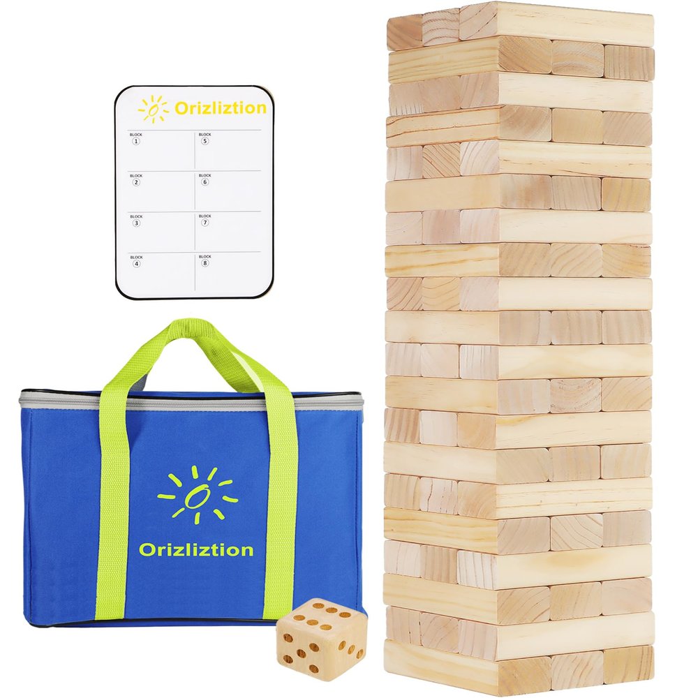 Orizliztion Tumbling Tower Game,Outdoor Games for Adults & Families, 5.3 FT 60 PCS Premiun Wooden Blocks Stacking Games with Carry Bag Stacking Toys for Backyard, Lawn, Party, Camping