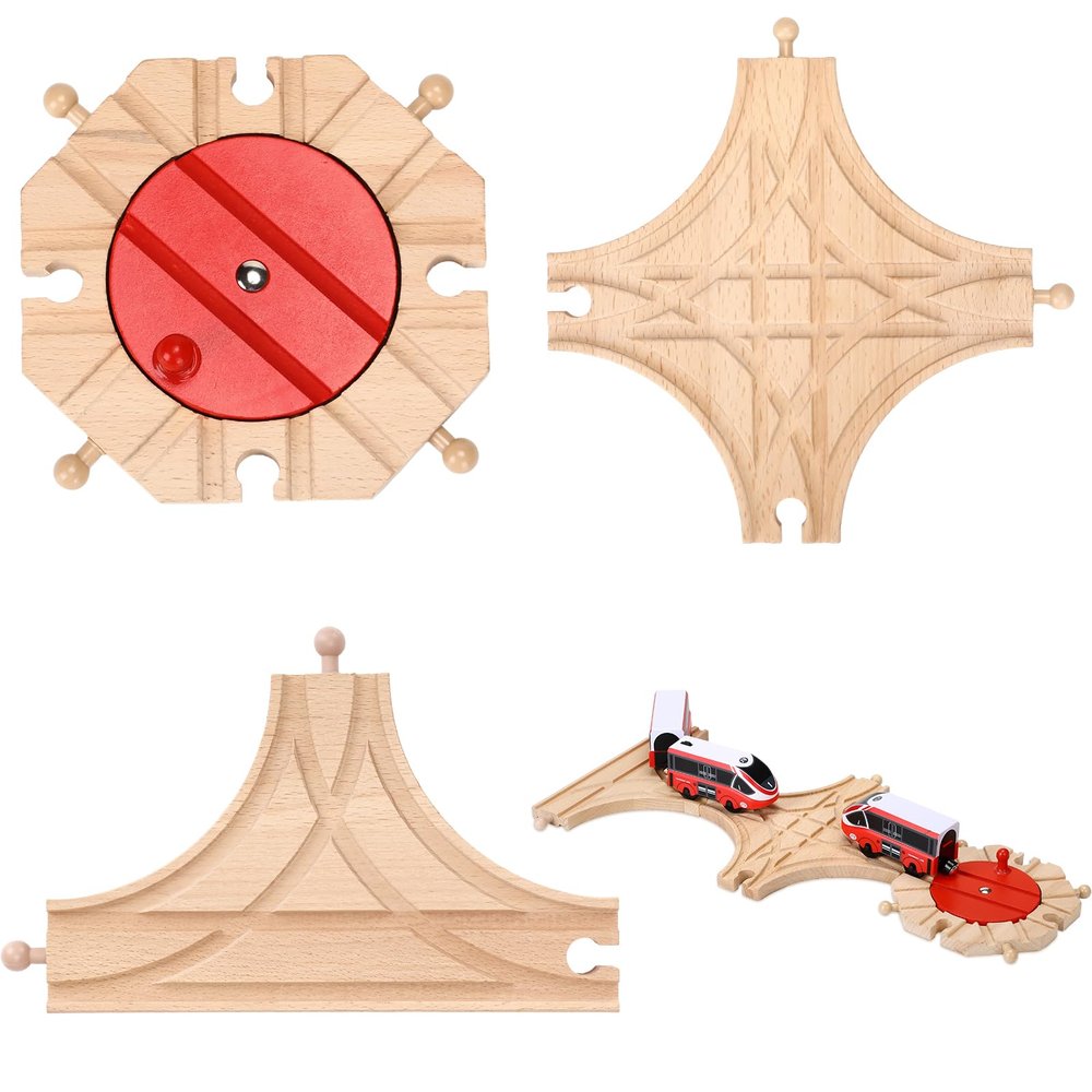 RoundFunny 3 Pcs Wooden Train Track Expansion Set Wooden Train Accessories 8 Way Wood Track Turntable, Forked Rails and Wood T Train Track Compatible with Most Railroad for Table Tabletop Activities