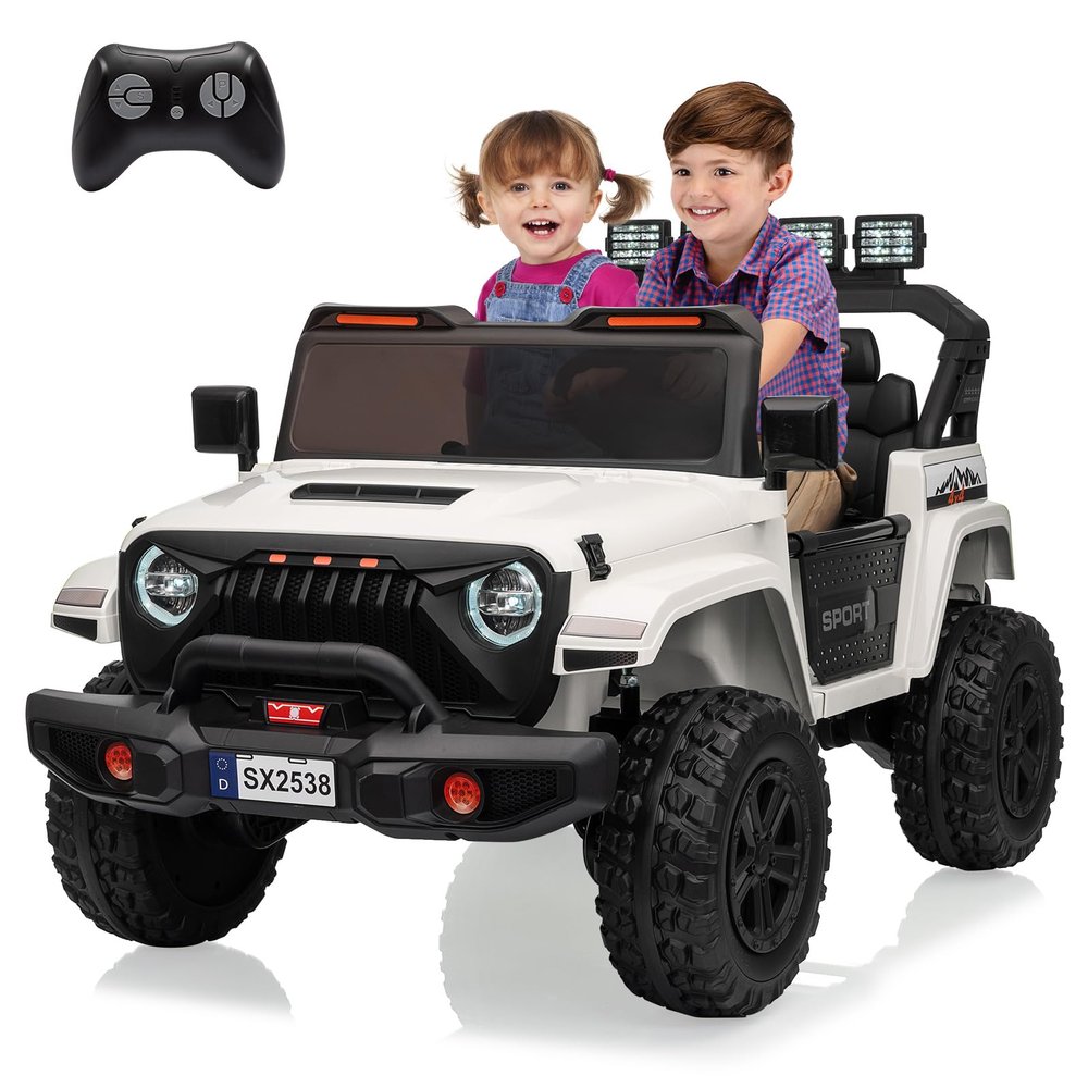GarveeLife 24V Kids Ride on Car, 2 Seaters Riding Electric Truck with Remote Control,Adjustable Legroom for Toddlers Grows,4 Motors 3 Speeds,EVA Tires,Lights, Music,Power Display,Storage Space,White