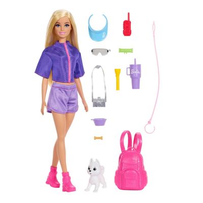 Barbie Malibu Outdoor Adventures Fashion Doll Wearing Adventure Outfit, with 10+ Camping-Themed Accessories Including Pet Puppy