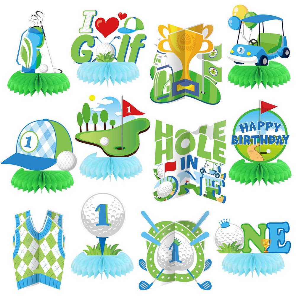 12 Pcs Golf Birthday Party Decoration 1st Hole in One Honeycomb Table Centerpieces Green White Golf Table Decoration Topper Birthday Party Favors Supplies