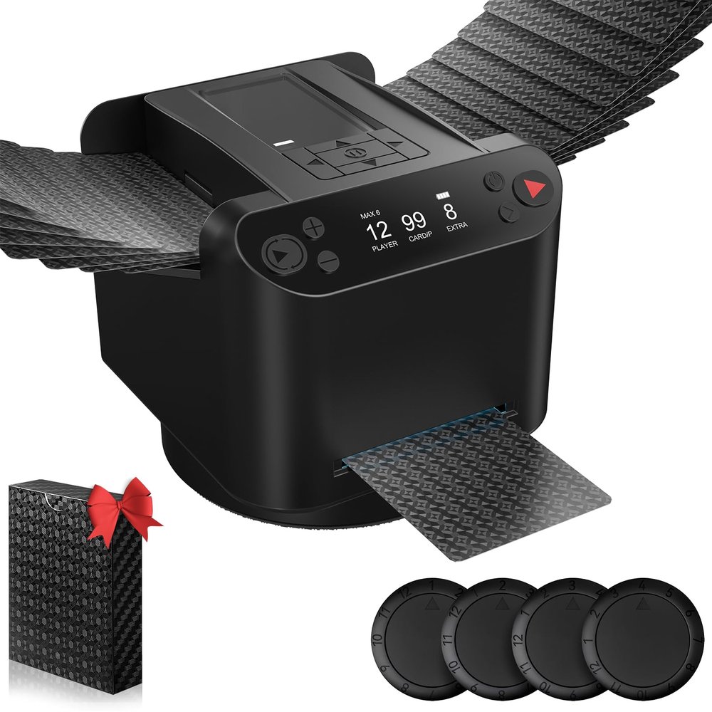2025 New 2-in-1 Automatic Card Shuffler and Dealer with 4 drawing remotes and 1 Deck Waterproof Premium Playing Cards,360 Rotating Dealing Machine,UltraQuiet,Support 12 Players for UNO,Texas Hold'em